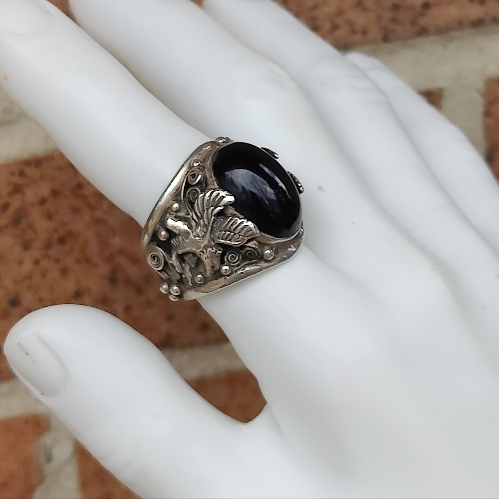 Massive Vintage Men's Sterling Silver Black Onyx Eagle Native American Ring - Picture 10 of 12